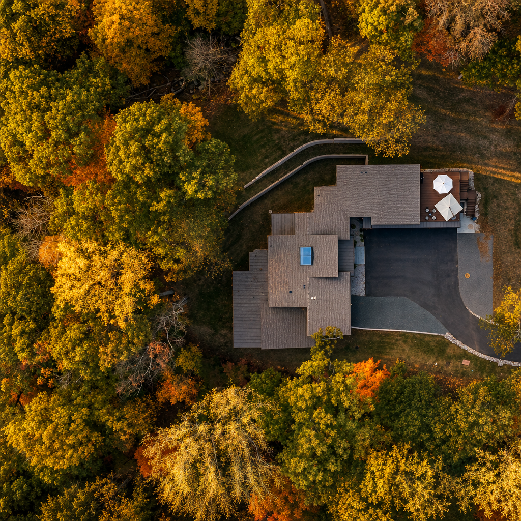Aerial view of the estate surrounded by autumn woodland