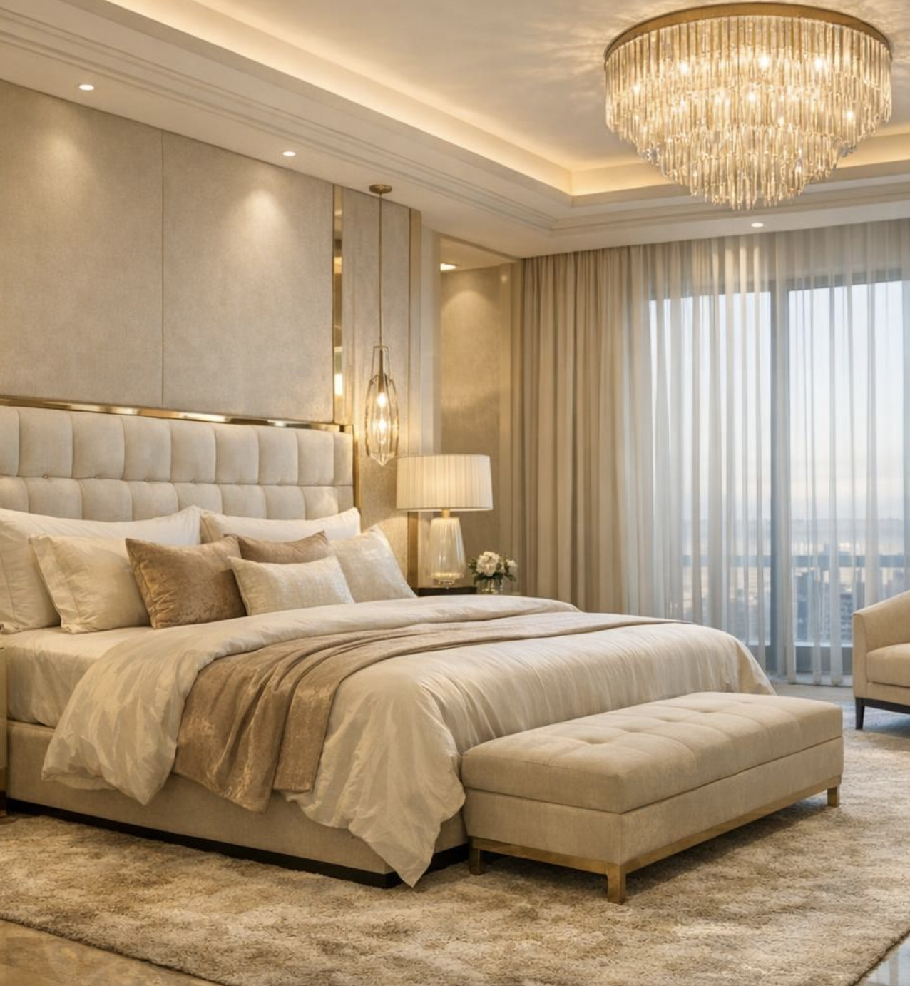 Suite bedroom with a tufted headboard, crystal chandelier and floor-to-ceiling windows