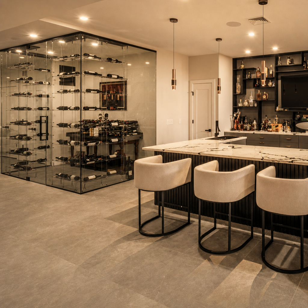 Glass-walled wine cellar beside a marble bar with three cream bar stools