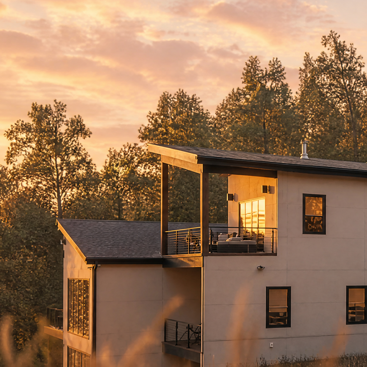 The LuxHaven residence at sunset, its covered balcony glowing against tall pines