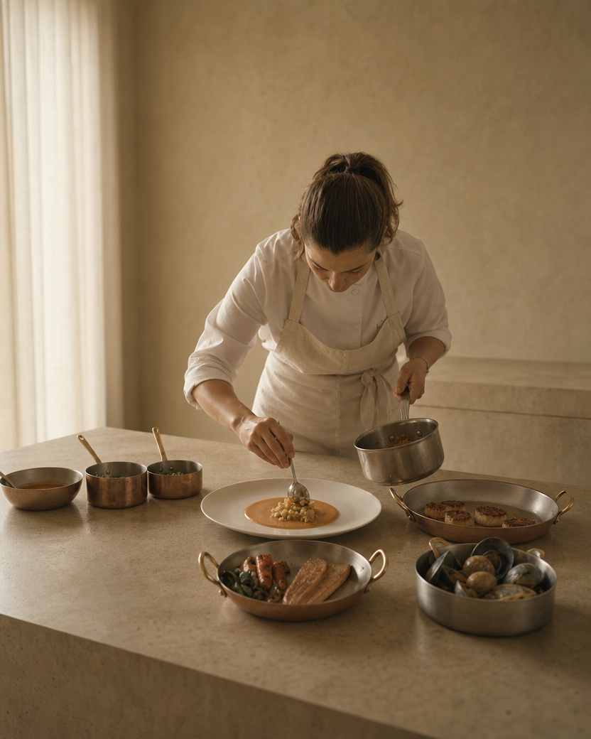 Private chef plating a seafood dish in a sunlit kitchen