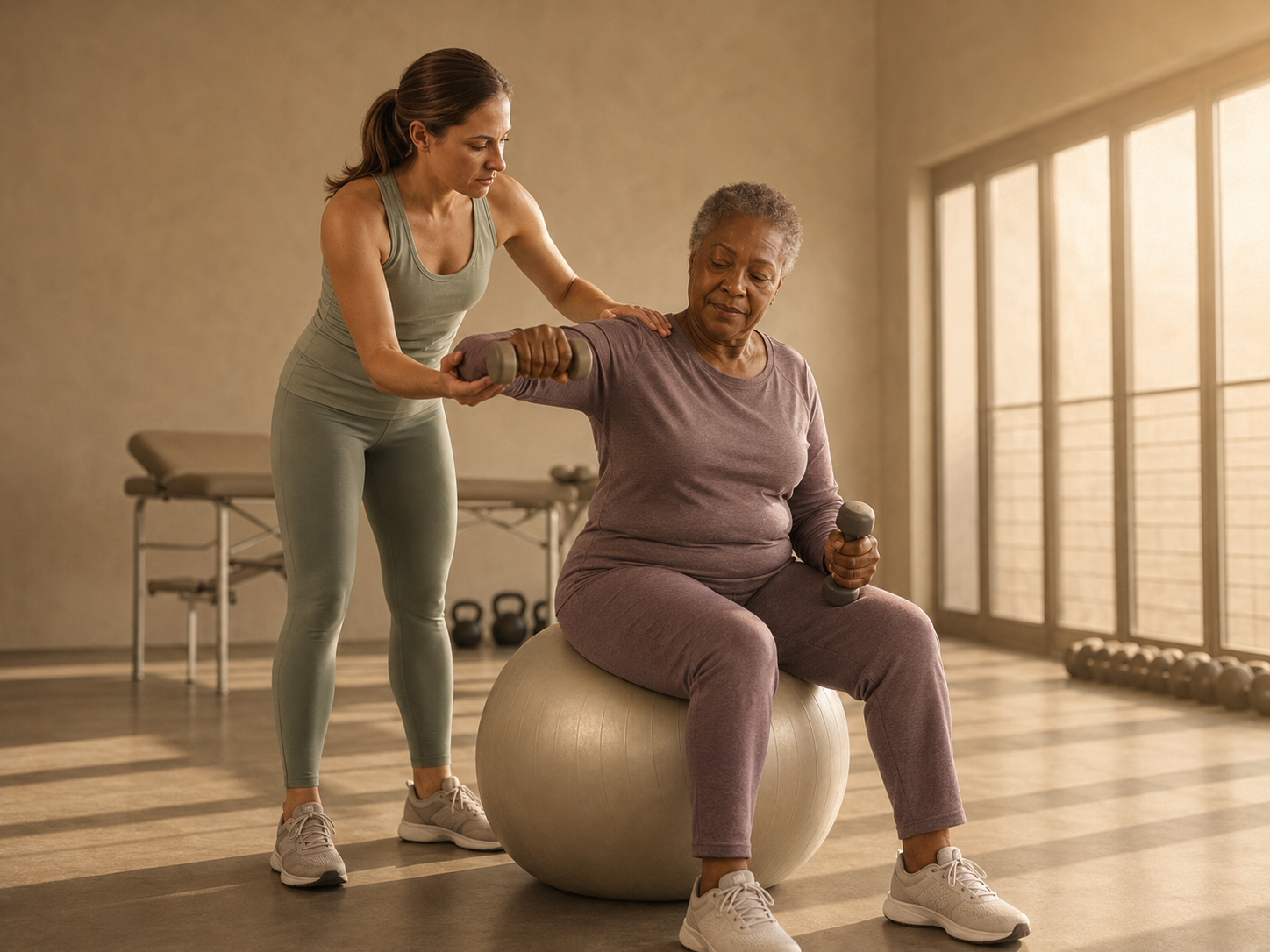 Personal trainer guiding a resident through a dumbbell exercise