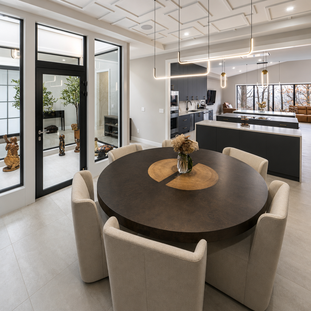 Open-plan dining room with a round dark-wood table, cream chairs and a view through to the kitchen