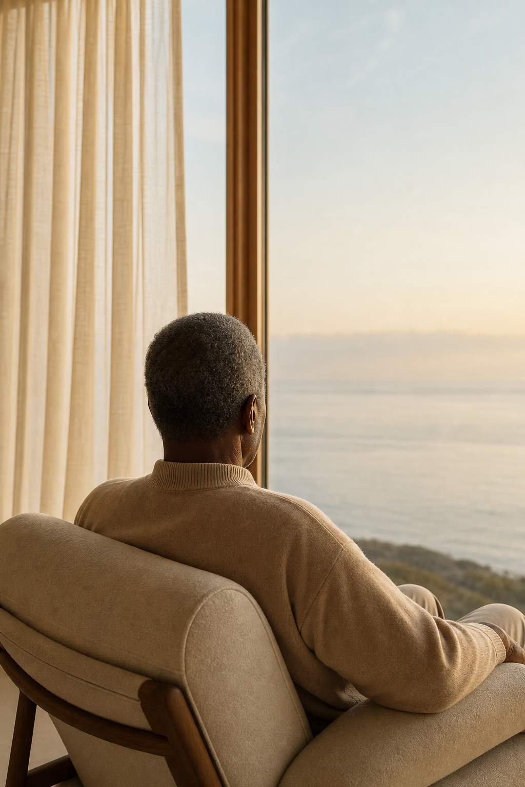 Resident relaxing in an armchair, looking out over the sea at sunrise